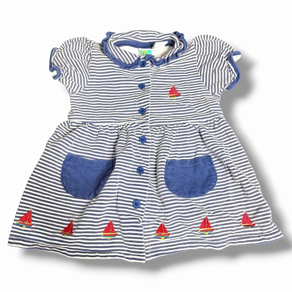 Vintage McBaby Girls Sailor Nautical Dress Size 18 Months‎ Stripe Embroidered
